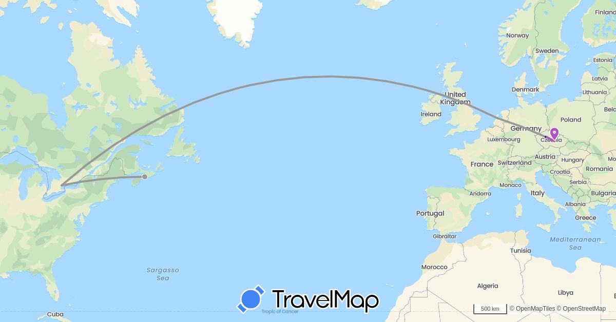 TravelMap itinerary: driving, plane, train in Canada, Czech Republic, Netherlands (Europe, North America)